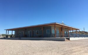 Clubhouse under a blue sky, Desert View RV Park Elephant Butte NM.